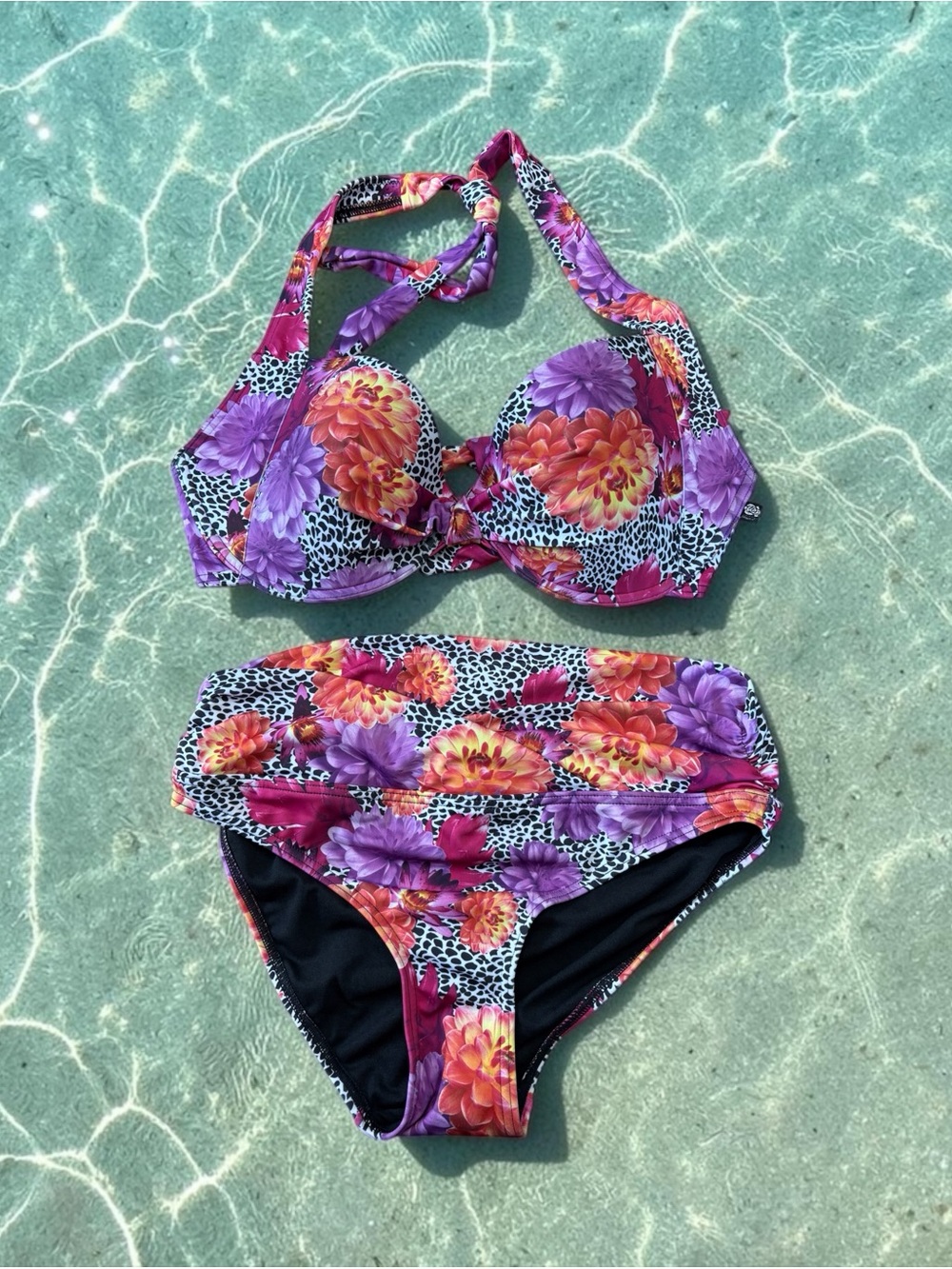 NEW, La Vie en Rose Aqua, Floral Leopard Bikini Set – D+ Halter Top L / Bottom M